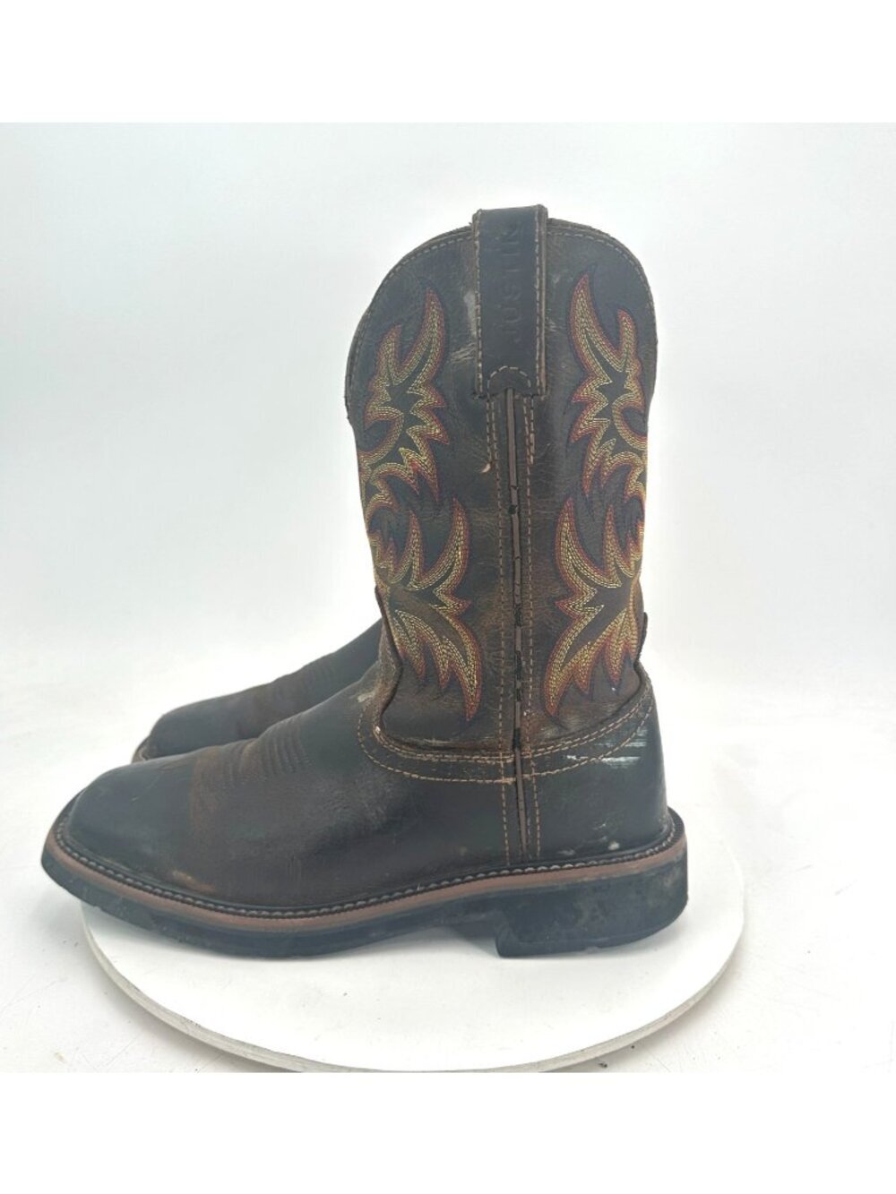 Justin Driller Western Stampede Men Size 7D Black Brown Leather Square Toe Boot